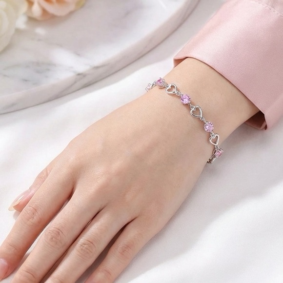 Pink Crystal Heart Link Bracelet | Silver Tone | Adjustable Sparkle - Picture 2 of 5